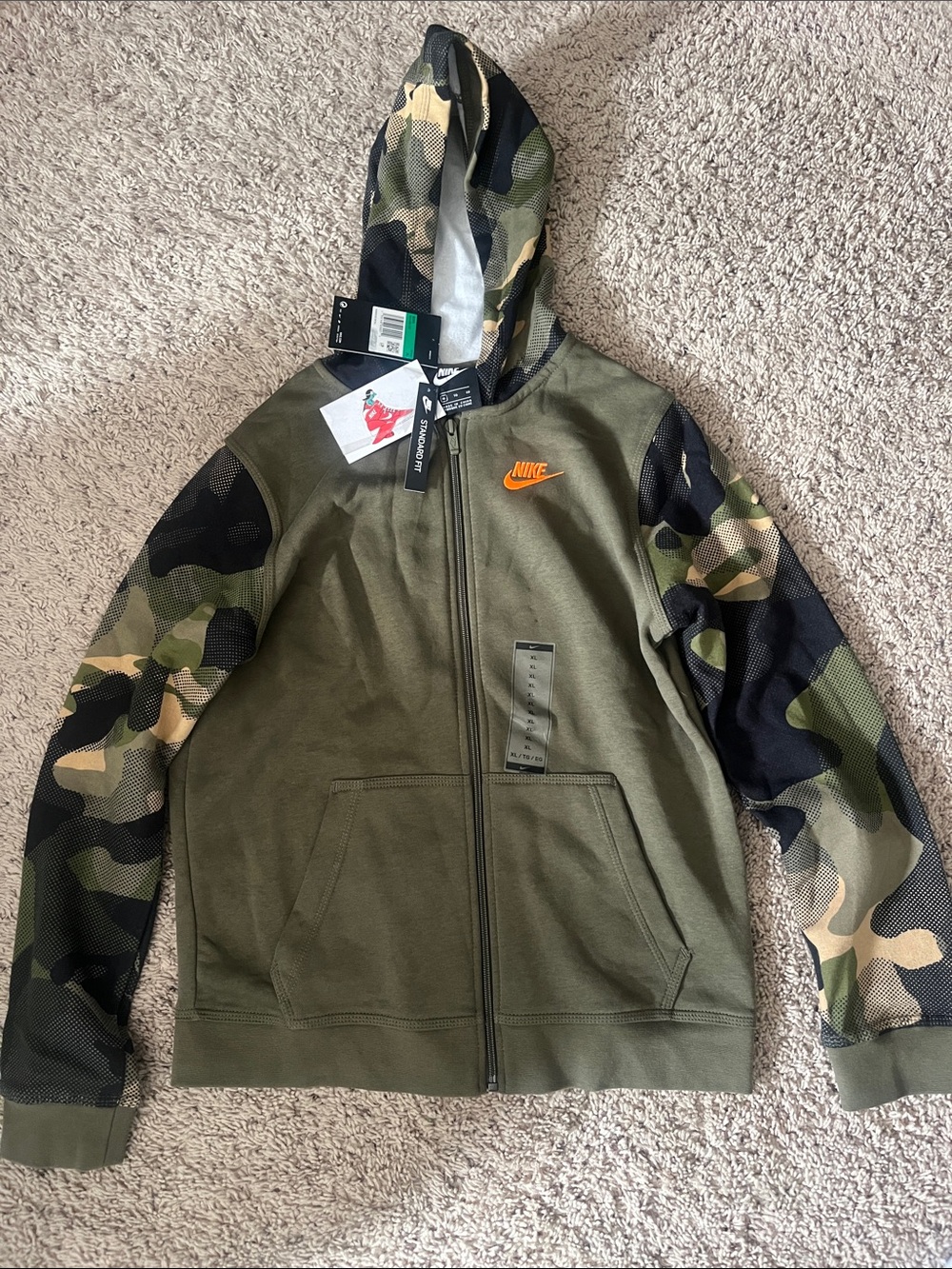 Nike Olive Green Camo Hoodie with Orange Logo